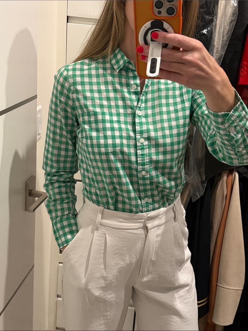 J.Crew cotton, green and white gingham button down XS